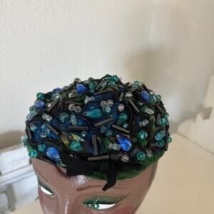 Nicholas Ungar Vintage Blue Green Jeweled and Beaded Hat Green Blue 1950s
